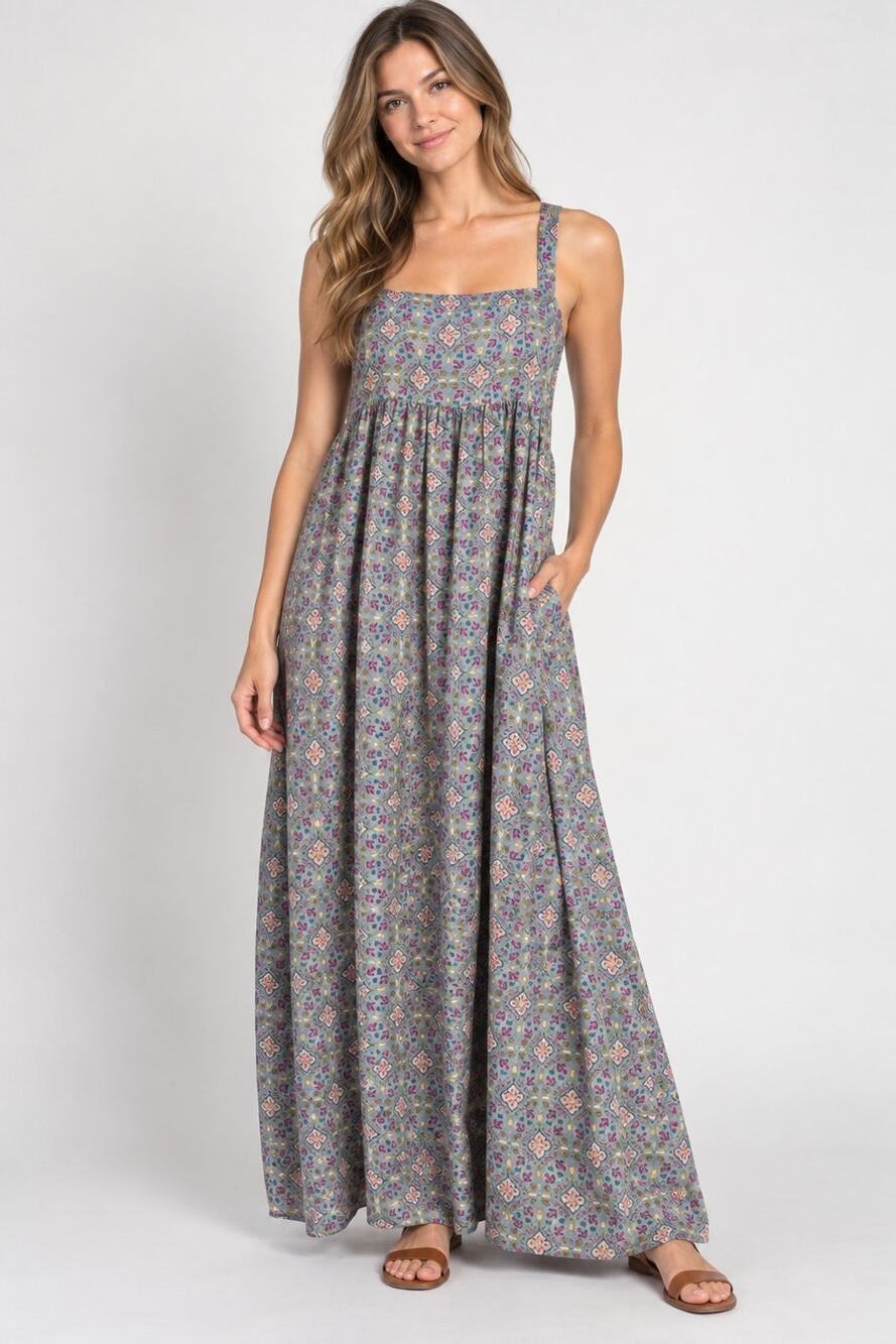 Natural Life Blue Floral Sleeveless Boho Maxi Dress XS/S